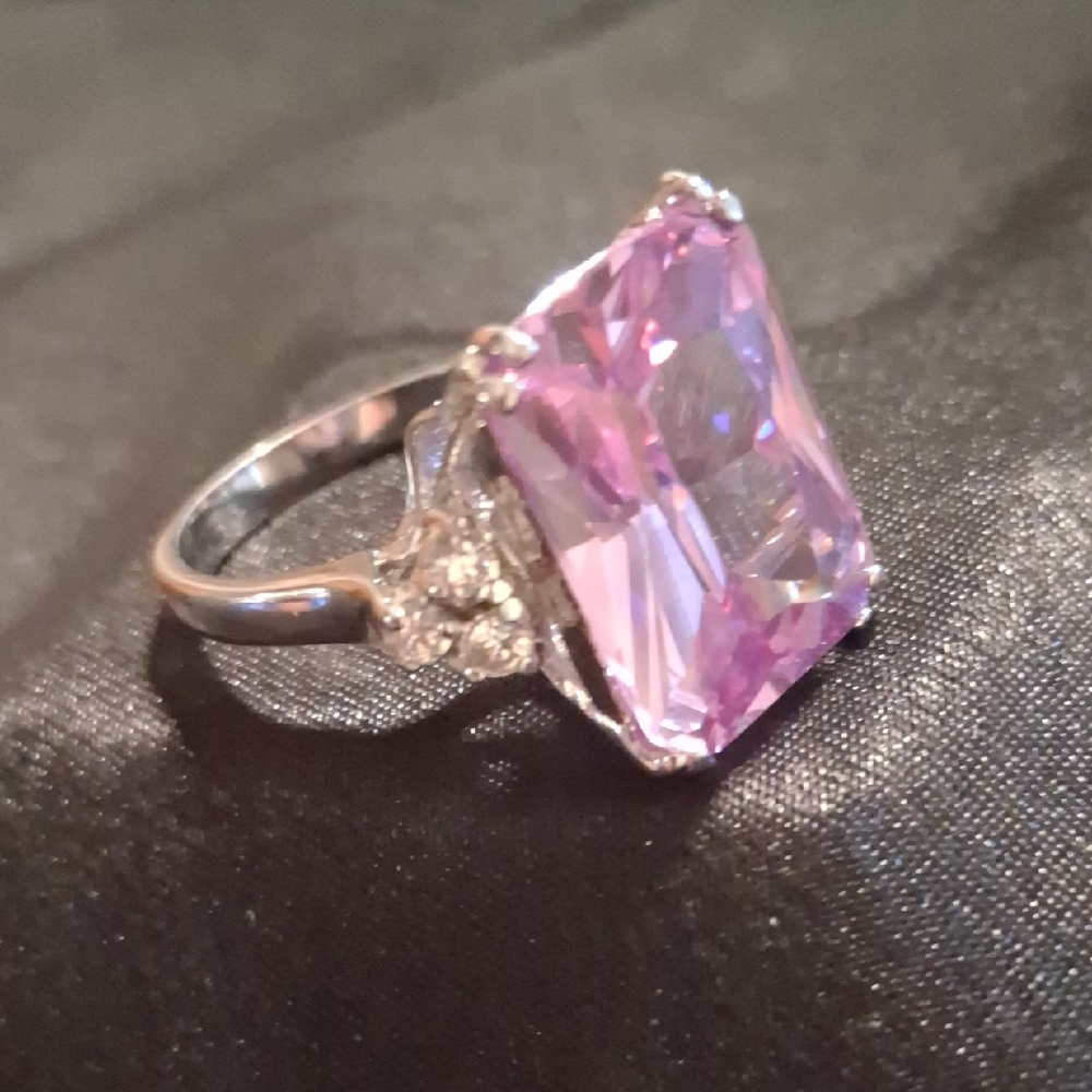 Radiant Pink Crystal Silver Plated Statment Ring Sz 8.5